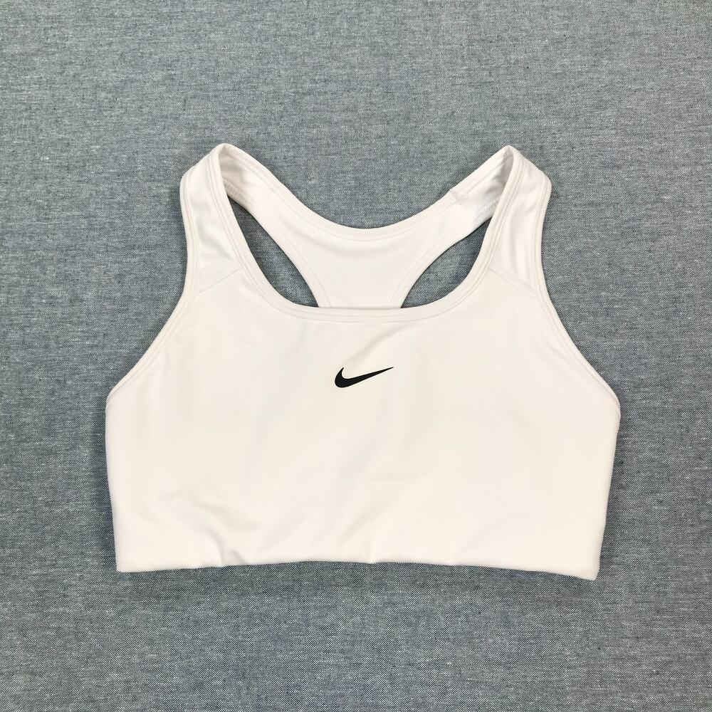 Nike Women Small Racerback Sports Bra White Medium Support Non Padded Swoosh BA1